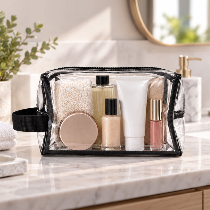 Laynie Clear Cosmetic Bag - A clear cosmetic bag contains various skincare products, including bottles and tubes, with a black trim.