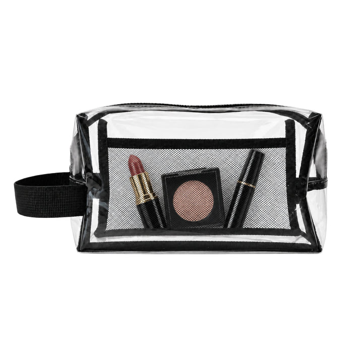 Laynie Clear Cosmetic Bag - A clear cosmetic bag in black trim, featuring lipstick, eyeshadow, and mascara inside.