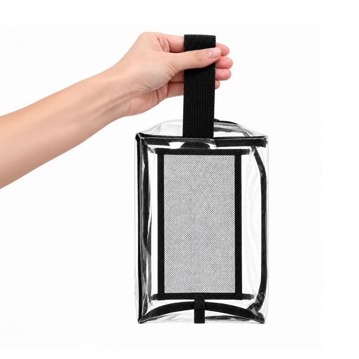 Laynie Clear Cosmetic Bag - A clear cosmetic bag with a black handle, featuring a mesh compartment and a branded logo.