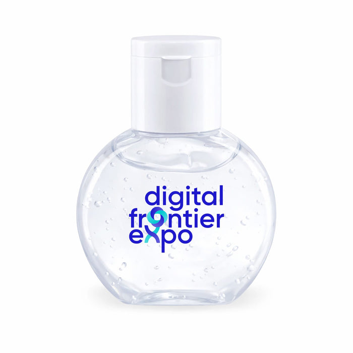 Expo Essentials Pack - A clear bottle of hand sanitiser with a rounded shape, containing a gel-like substance. It features a logo on the front.