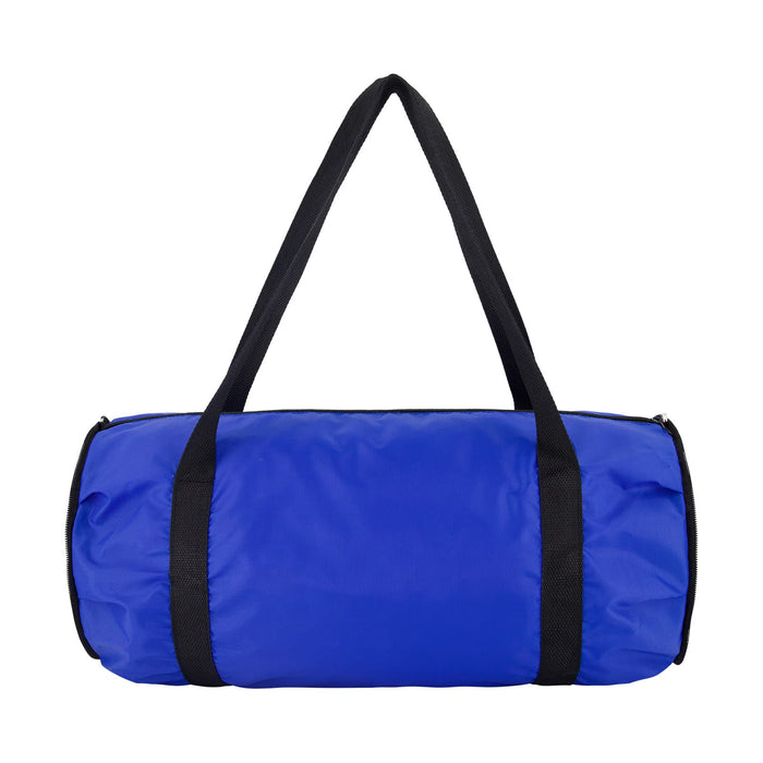 The Game Day Pack - A blue duffle bag with black straps, featuring a simple design and a branding logo.