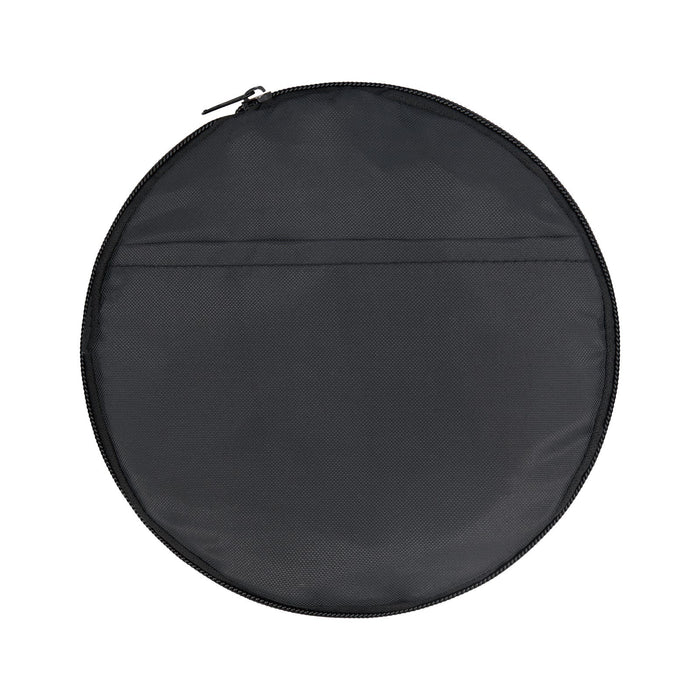 The Hustle Pack - A round, black duffle bag with a zip closure and a flat exterior pocket. It features a logo.