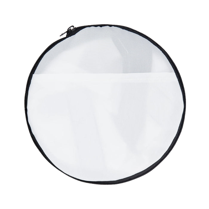 The Game Day Pack - A round, zippered bag in black and white mesh, featuring a transparent top and a pocket on the front.