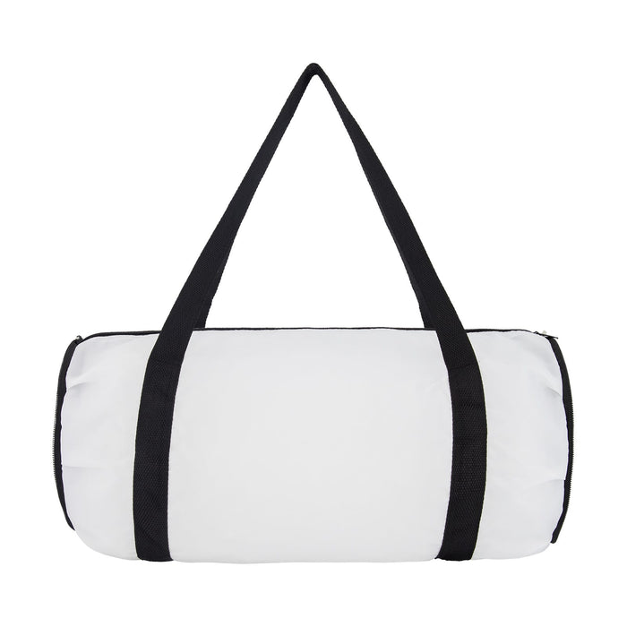 The Game Day Pack - A white duffle bag with black straps and a zip closure, featuring a logo on the side.