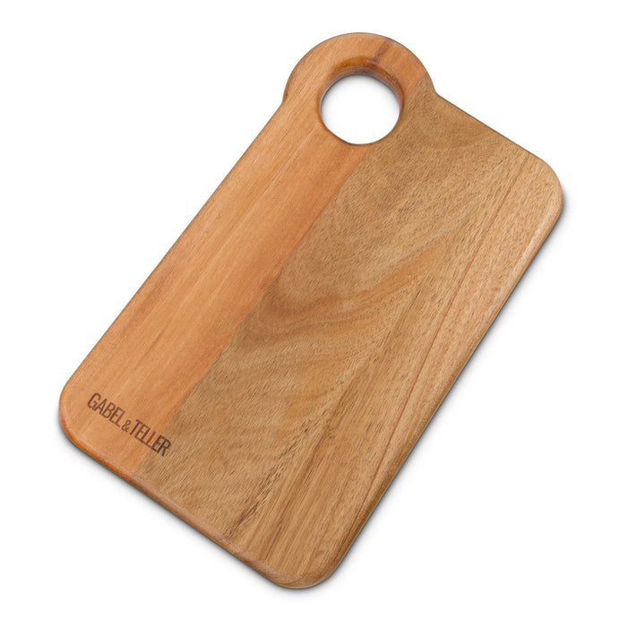 Glow & Graze - A wooden chopping board with a round handle, featuring a natural finish and a subtle brand logo.