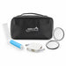 The Polished Traveller - A black cosmetic bag with a logo, containing a roller, a mirror, and a charger.