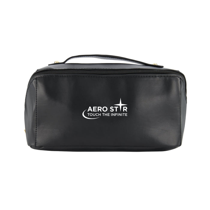 The Polished Traveller - A black toiletry bag with a zip closure and a handle, featuring a logo on the front.