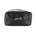 The Polished Traveller - A black toiletry bag with a zip closure and a handle, featuring a logo on the front.