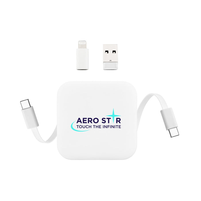 The Polished Traveller - A charging device in white with a logo, featuring a retractable cable and two connectors.
