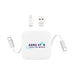 The Polished Traveller - A charging device in white with a logo, featuring a retractable cable and two connectors.