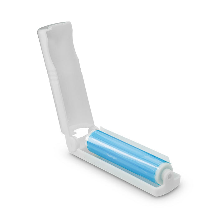 The Polished Traveller - A lint roller with a blue adhesive tape roll, housed in a white plastic case, is partially open.
