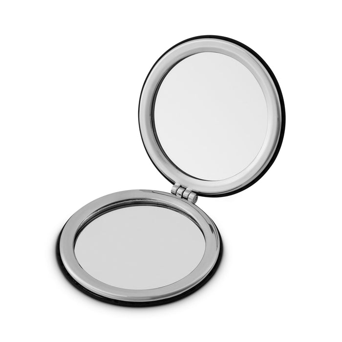 The Polished Traveller - A compact mirror with a shiny silver finish, featuring two reflective surfaces in a hinged design.