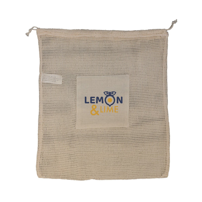 Eco Pack - A natural-coloured mesh bag featuring a logo and a square patch with text.