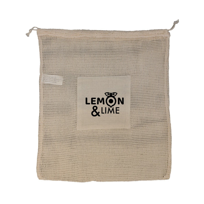 Eco Pack - A beige mesh bag with a square pocket and a logo. It features a drawstring closure for secure storage.
