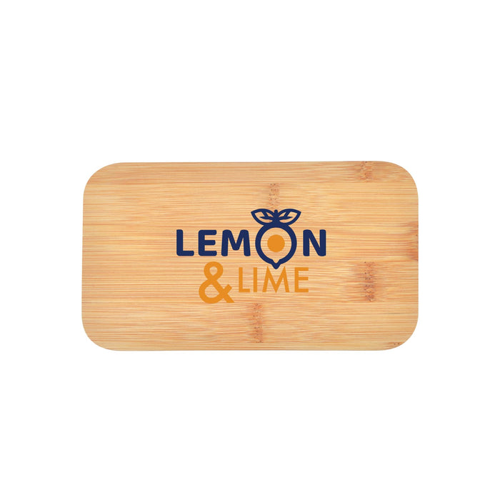 Eco Pack - A bamboo cutting board featuring the words "Lemon & Lime" in blue and orange with a logo design.