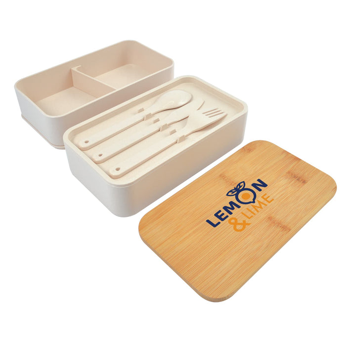 Eco Pack - A white lunchbox with a bamboo lid and utensils, featuring a logo. The interior has a divider for compartments.