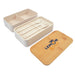 Eco Pack - A white lunchbox with a bamboo lid and utensils, featuring a logo. The interior has a divider for compartments.