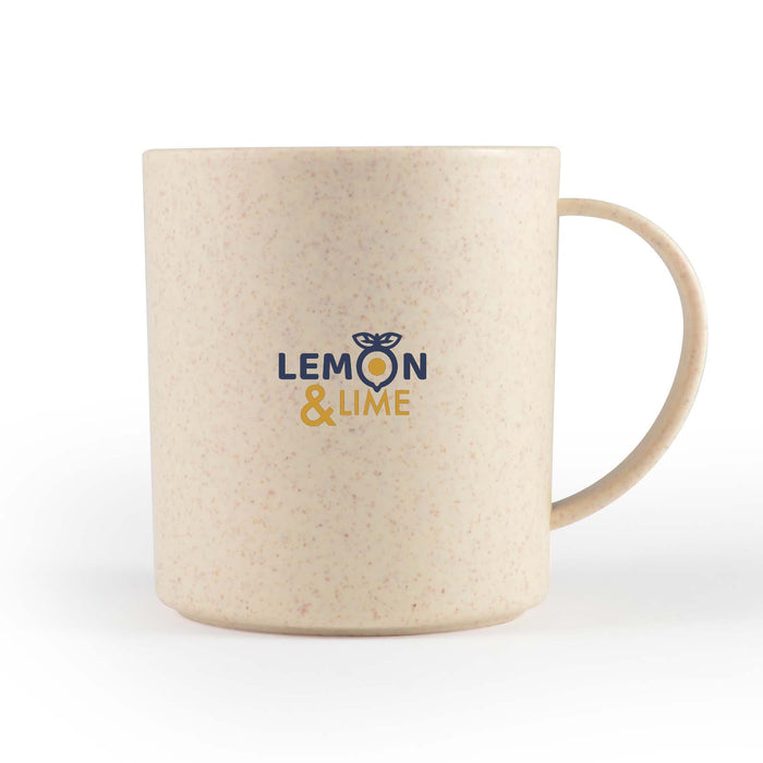 Eco Pack - A cream-coloured mug with a handle featuring a logo in blue and yellow.