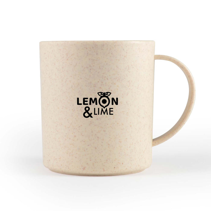 Eco Pack - A cream-coloured mug with a textured finish and a logo. It has a curved handle and a round body.