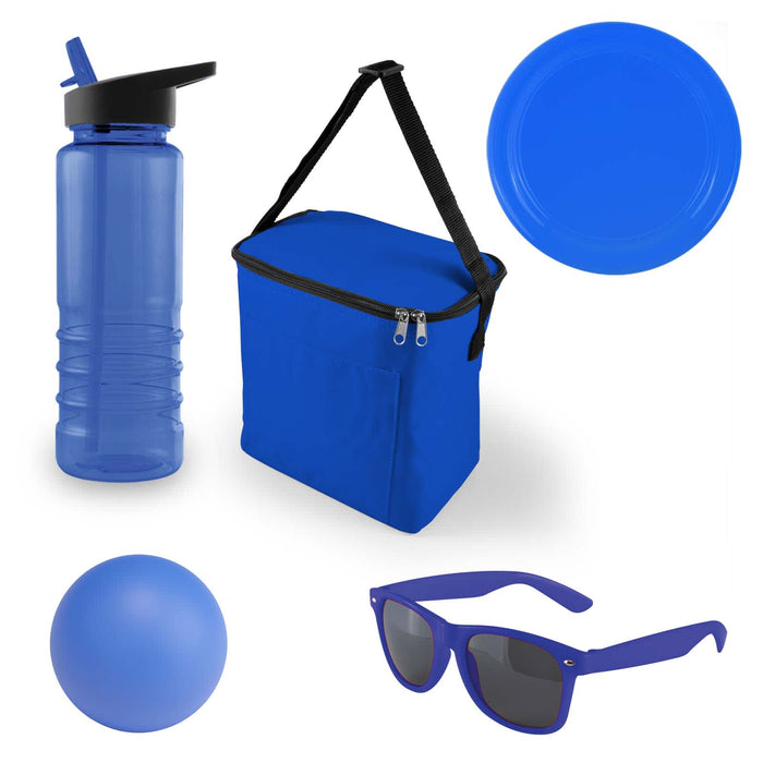 Bondi Beach Pack - A drink bottle, a blue cooler bag, a round blue ball, a pair of blue sunglasses, and a blue plate.