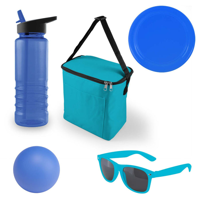 Bondi Beach Pack - A blue drink bottle, turquoise cooler bag, blue plate, blue ball, and turquoise sunglasses arranged together.