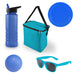 Bondi Beach Pack - A blue drink bottle, turquoise cooler bag, blue plate, blue ball, and turquoise sunglasses arranged together.