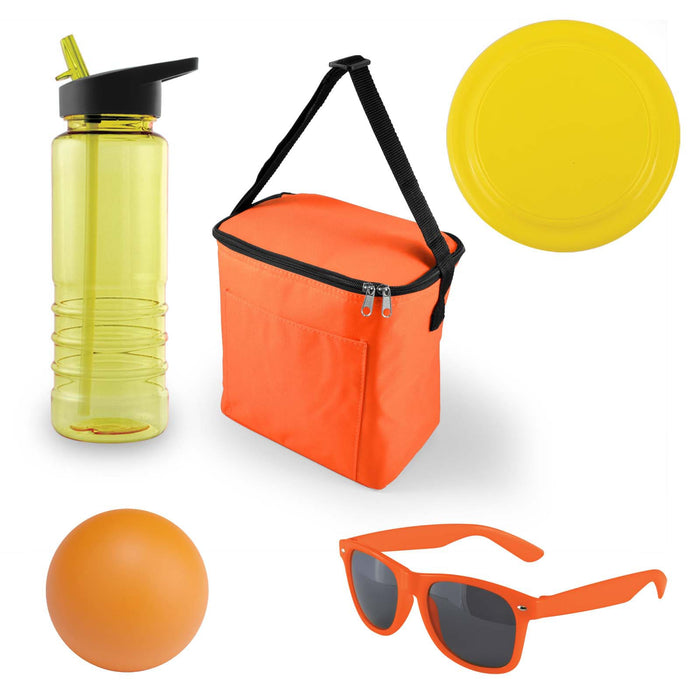Bondi Beach Pack - A yellow drink bottle, orange cooler bag, orange ball, yellow frisbee, and orange sunglasses arranged together.