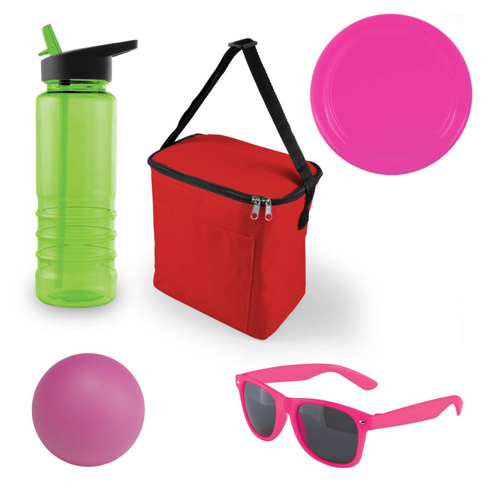 Bondi Beach Pack - A green drink bottle, red cooler bag, pink frisbee, pink ball, and pink sunglasses. The cooler bag has a strap.
