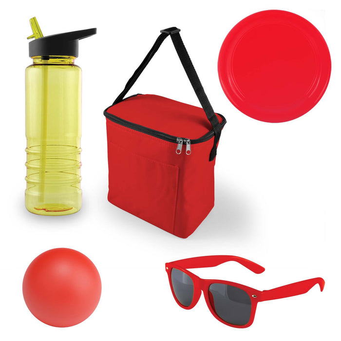 Bondi Beach Pack - A yellow drink bottle, a red cooler bag, a red plate, a red ball, and red sunglasses. The cooler bag has a logo.