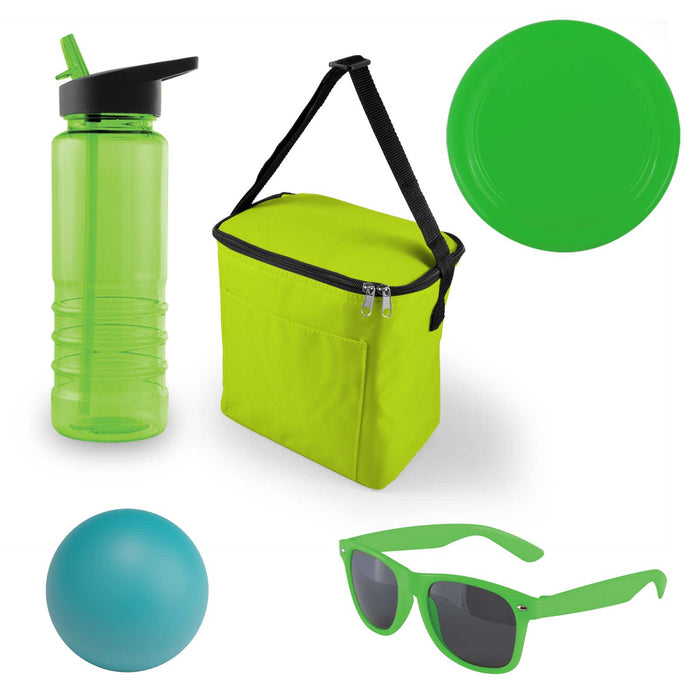 Bondi Beach Pack - A green cooler bag, a translucent green drink bottle, green sunglasses, a blue ball, and a green plate.