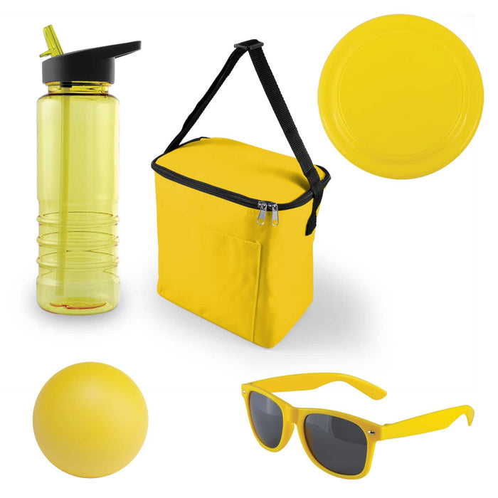 Bondi Beach Pack - A drink bottle, a yellow cooler bag, a frisbee, a yellow ball, and yellow sunglasses are arranged together.