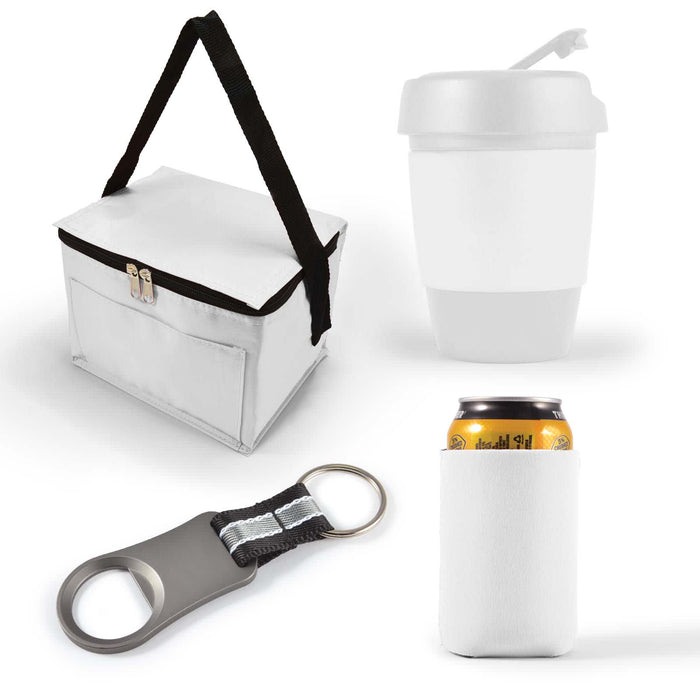 Tradie Pack - A cooler bag with a handle, a white drink cup, a can insulator, and a bottle opener keychain.