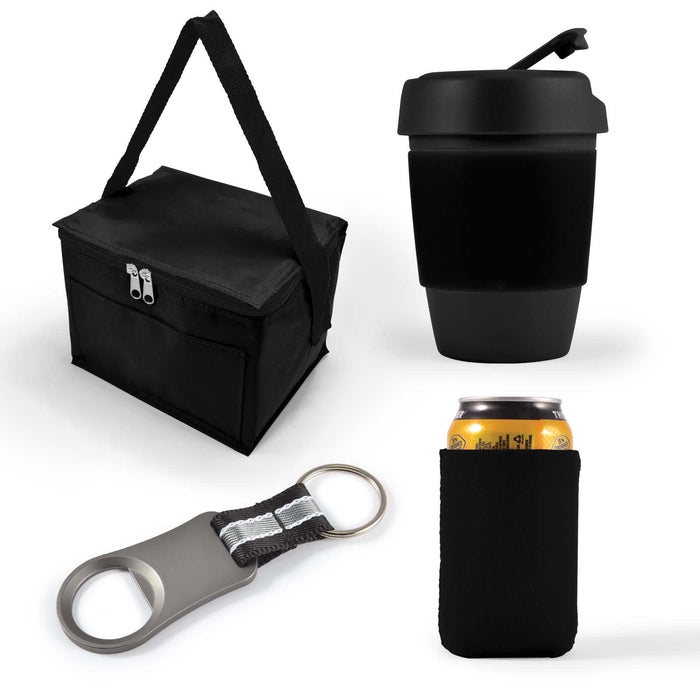 Tradie Pack - A black cooler bag is featured alongside a black reusable coffee cup, a bottle opener keychain, and a can cooler sleeve.