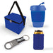 Tradie Pack - A blue cooler bag, a blue drink cup with a lid, a can cooler, and a bottle opener, all featuring a logo.