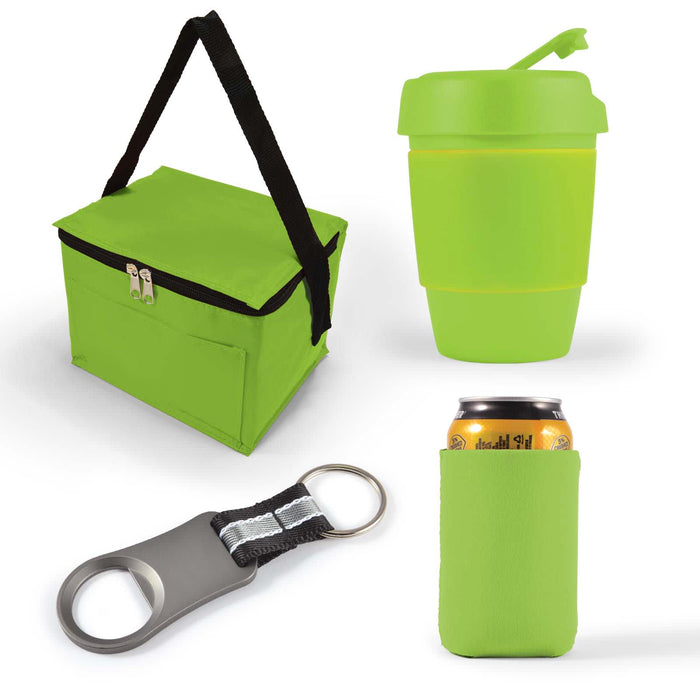 Tradie Pack - A green cooler bag, a green drink container, a can cooler, and a bottle opener with a keyring feature.