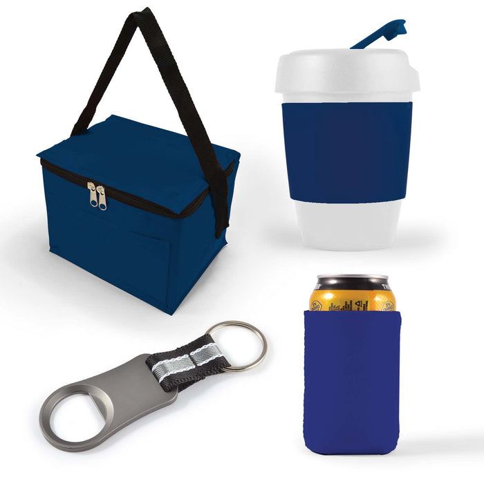 Tradie Pack - A cooler bag in blue, a reusable drink cup with a lid, a can cooler in blue, and a metal bottle opener.