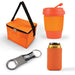 Tradie Pack - A cooler bag in vibrant orange, a matching insulated drink cup with a lid, a metallic bottle opener, and a can cooler.