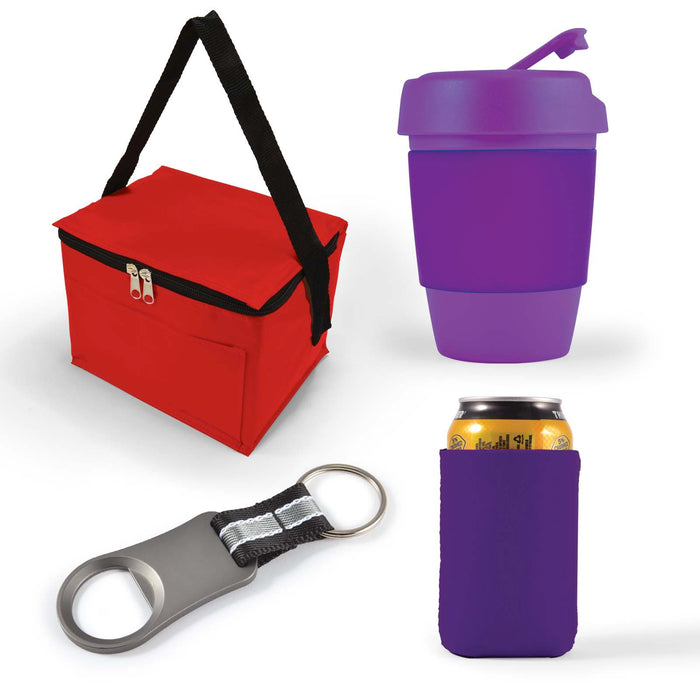 Tradie Pack - A red cooler bag, a purple reusable cup, a silver bottle opener, and a purple can cooler.