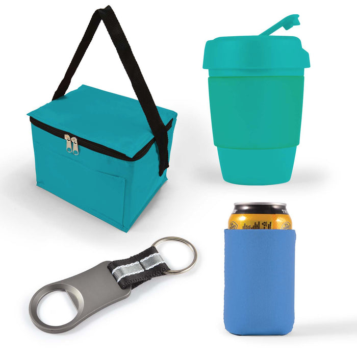 Tradie Pack - A cooler bag in teal, a teal drink cup with a straw, a silver bottle opener, and a blue can cooler.