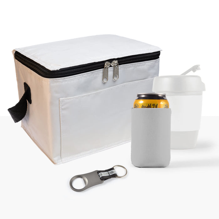 Tradie Pack - A white cooler bag, a drink bottle, a can in a sleeve, and a bottle opener. The bag features a zipper and a handle.