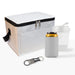 Tradie Pack - A white cooler bag, a drink bottle, a can in a sleeve, and a bottle opener. The bag features a zipper and a handle.
