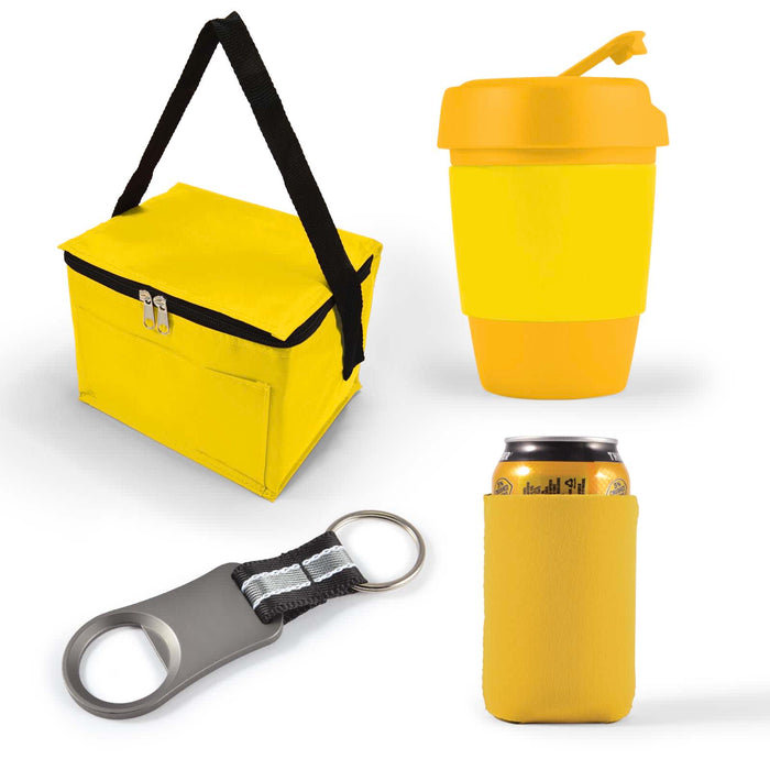 Tradie Pack - A yellow cooler bag, a yellow drink cup, a can cooler, and a bottle opener with a keyring.