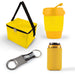 Tradie Pack - A yellow cooler bag, a yellow drink cup, a can cooler, and a bottle opener with a keyring.