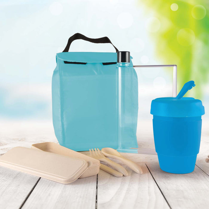Picnic Pack - A turquoise picnic pack including a drink bottle, food containers, cutlery, and a cup, all with a modern design.