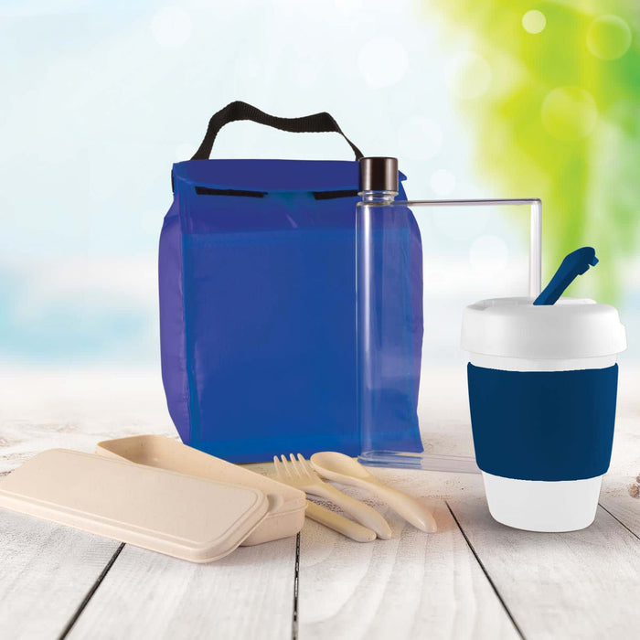 Picnic Pack - A blue picnic pack featuring a drink bottle, reusable cup, utensils, and a cool bag.