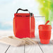 Picnic Pack - A red picnic pack with a drink bottle, reusable cup, utensils, and containers. Includes a logo on the bag.