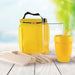 Picnic Pack - A yellow picnic bag containing a drink bottle, a reusable cup, cutlery, and food containers.