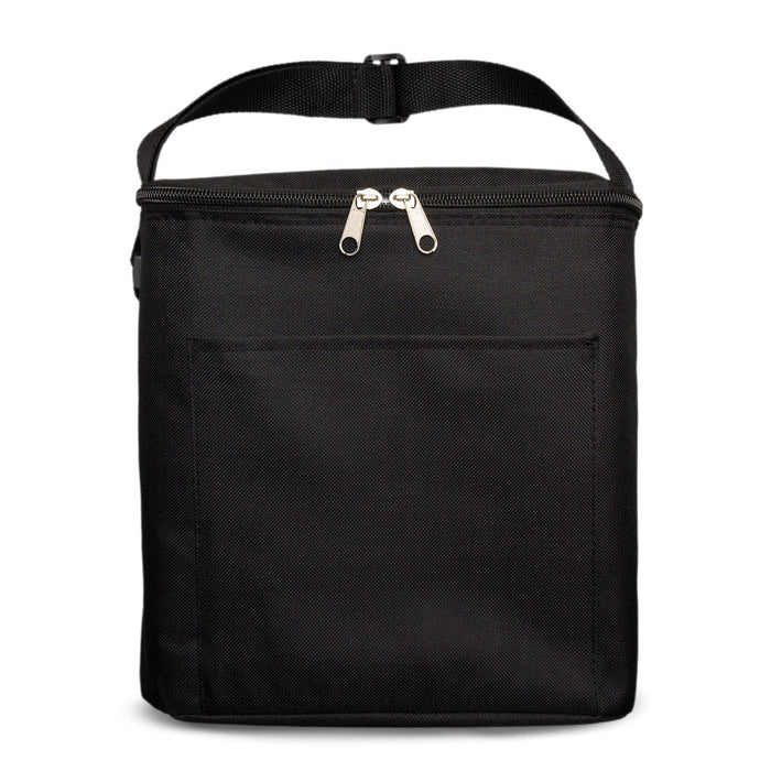 The Pause Pack: Christmas Edition - A black insulated cooler bag with a zippered top and a front pocket. It has an adjustable strap for easy carrying.