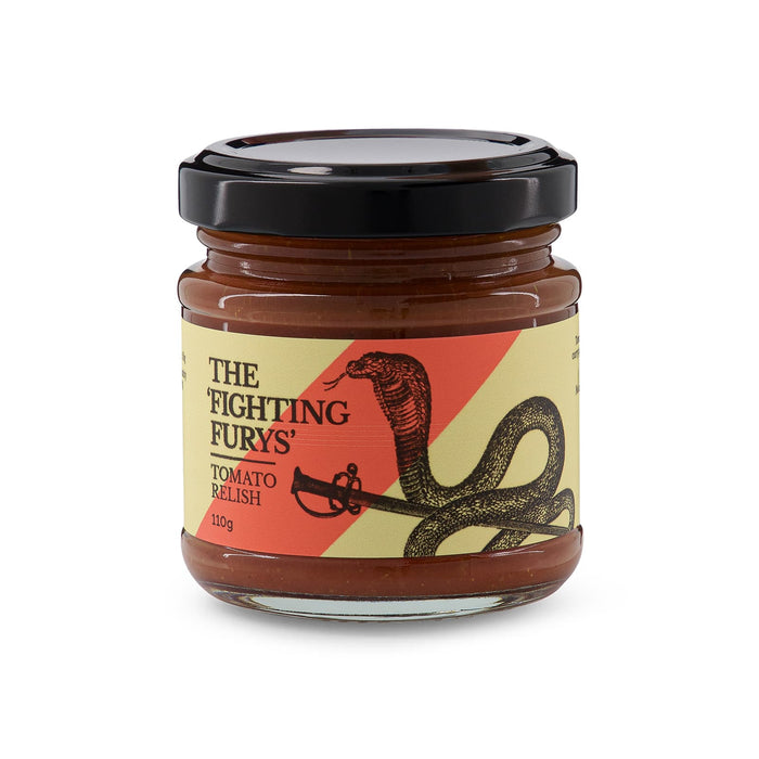 The Chandon Escape - A jar of tomato relish featuring a black lid, with a design of a snake and a sword, in red and yellow tones.