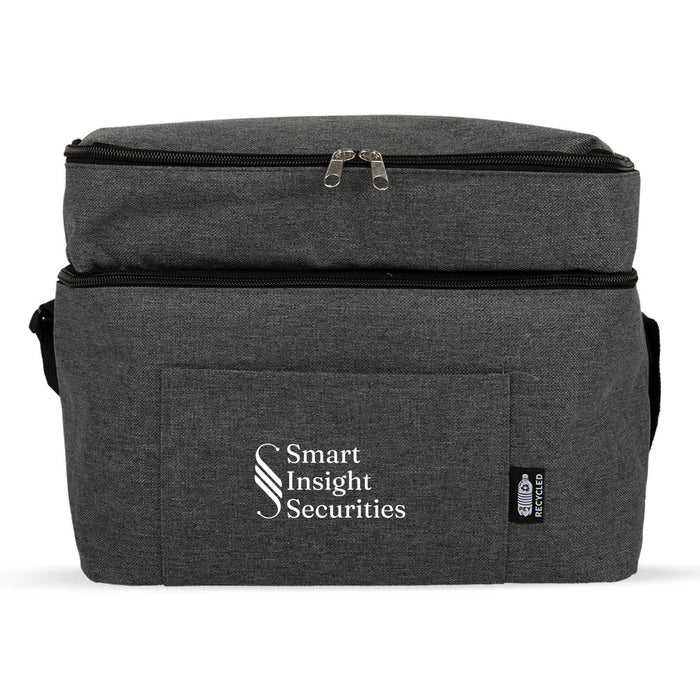 Bubbles & Beachdays - A grey cooler bag with a zippered top, featuring a front pocket and a logo.
